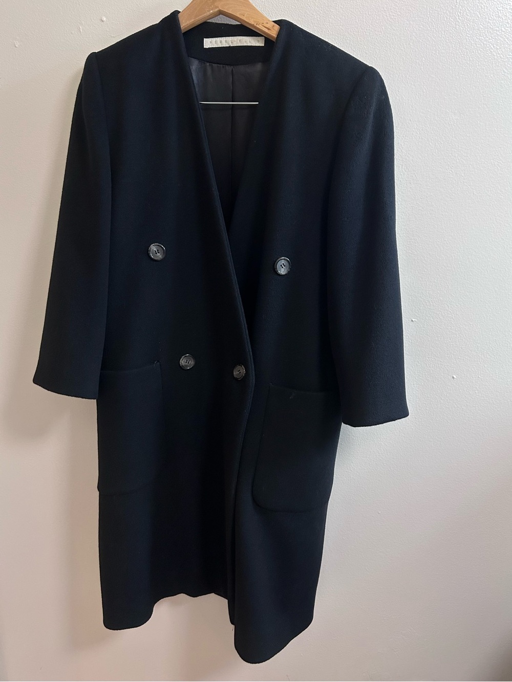 Vintage 80s Perry Ellis Collarless Wool Coat Black Double Breasted Union Made